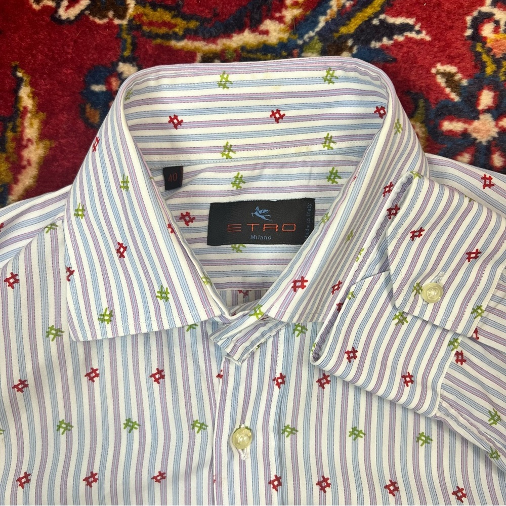 Etro Size 40 (16 / M) Men's Shirt with Stripes and Embroidery